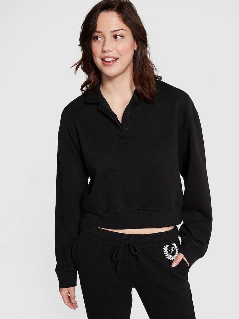 ❥𝒱𝒮 𝗣𝗜𝗡𝗞: Ivy Fleece Polo Sweatshirt - Black